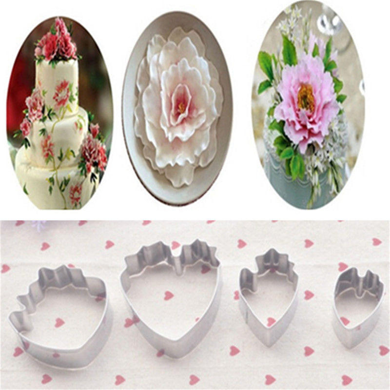 4Pcs Peony Flower Cake Fondant Plunger Cutter Decorating Mold Sugarcraft Baking