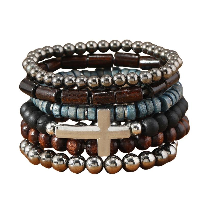 European, American Peace Tree Multi-piece Wooden Bead Beaded Bracelet Retro Simple Men's Personality Stacked Bracelet