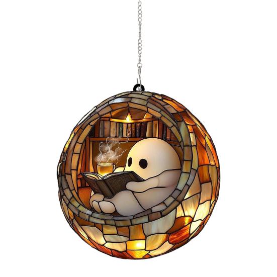 Halloween Reading Ghost Suncatcher Decoration Hanging Chair Cartoon Ghost Stained Glass 2D Flat Acrylic Wall Window Hanging Sign Ornament