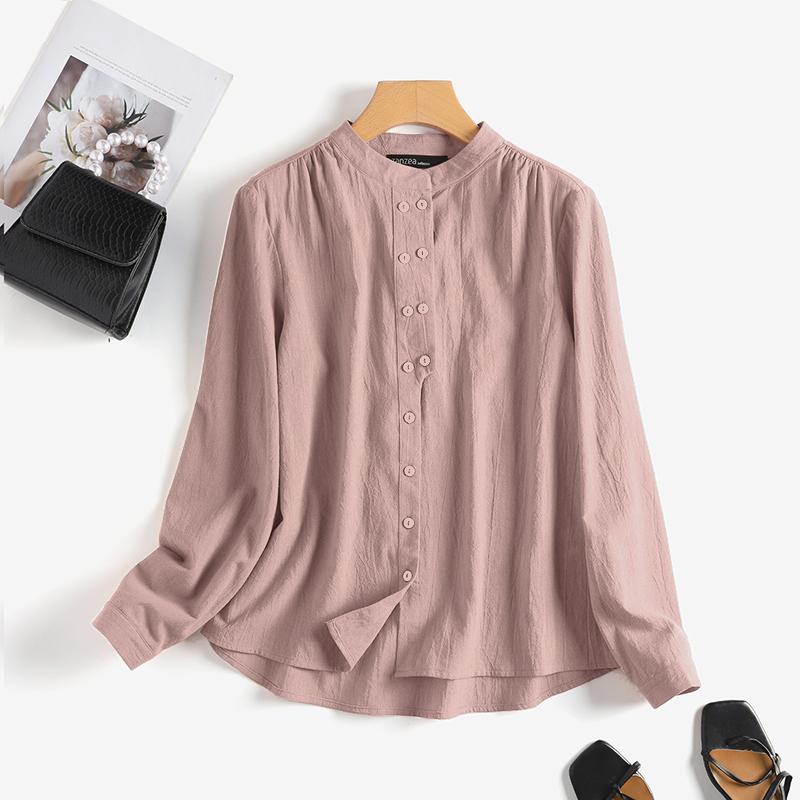 

ZANZEA Женская повседневная однотонная блузка с длинным рукавом и воротником-стойкой 4XL