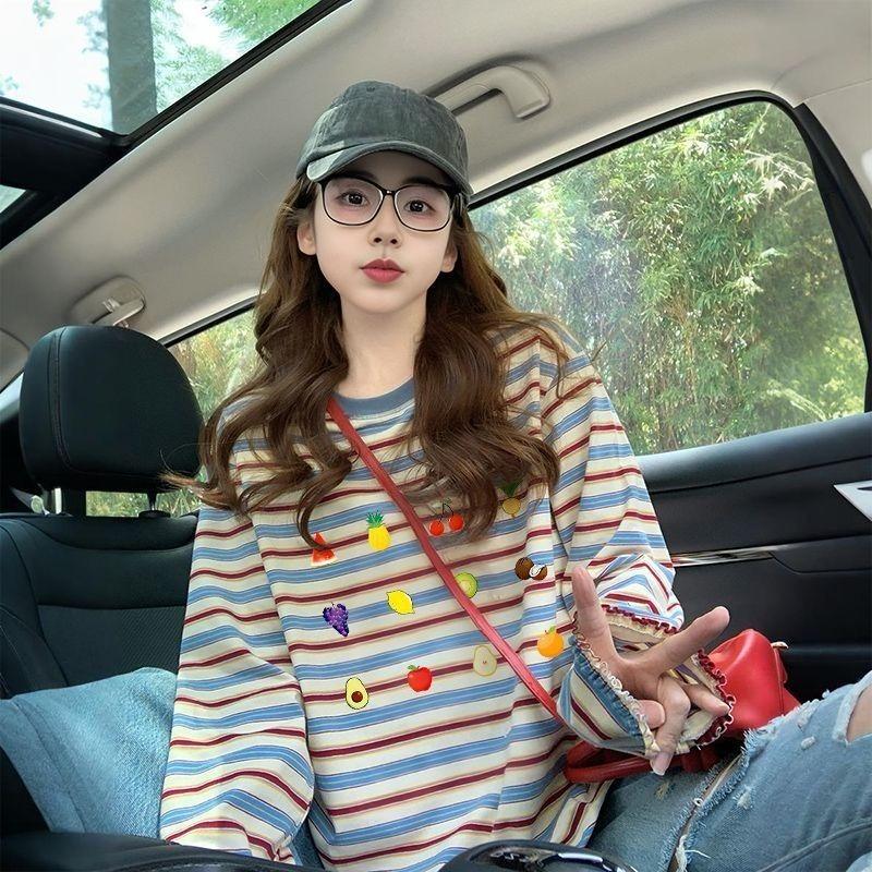 Ladies' Striped T-shirt Female Contrasting Printed Round Neck Long Sleeved Blouse New Korean Style Loose Versatile Top