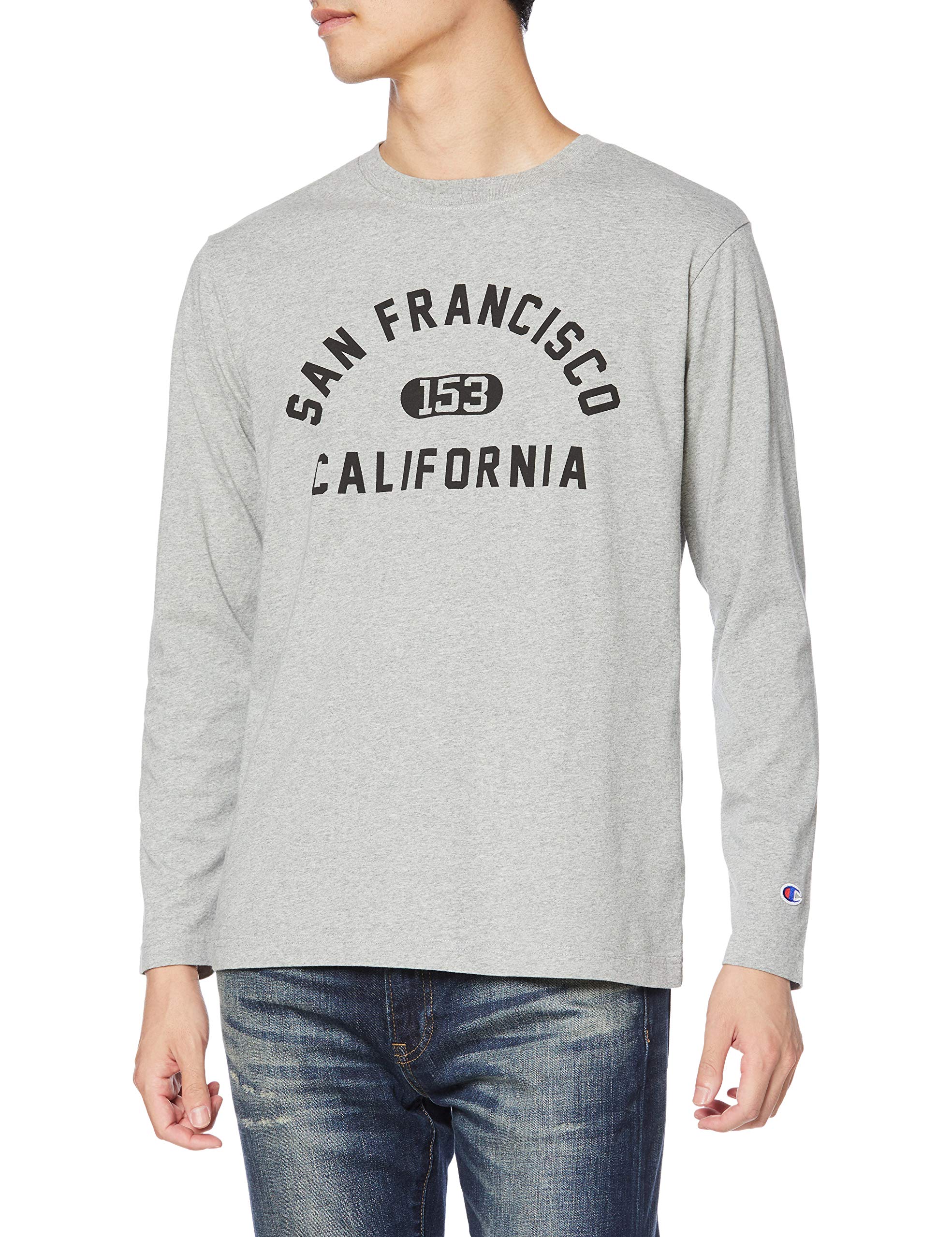 

Champion Cotton Crew Neck Graphic Print Long Sleeve Oxford Size XL Men s 100% T-Shirt, Gray, (C3-S419)