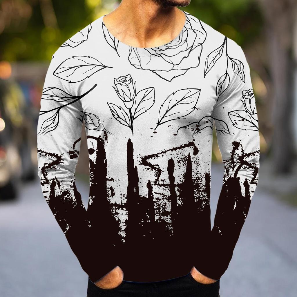 Men's Fashion Casual Printed Long Sleeve O-Neck Shirts Tops Blouse