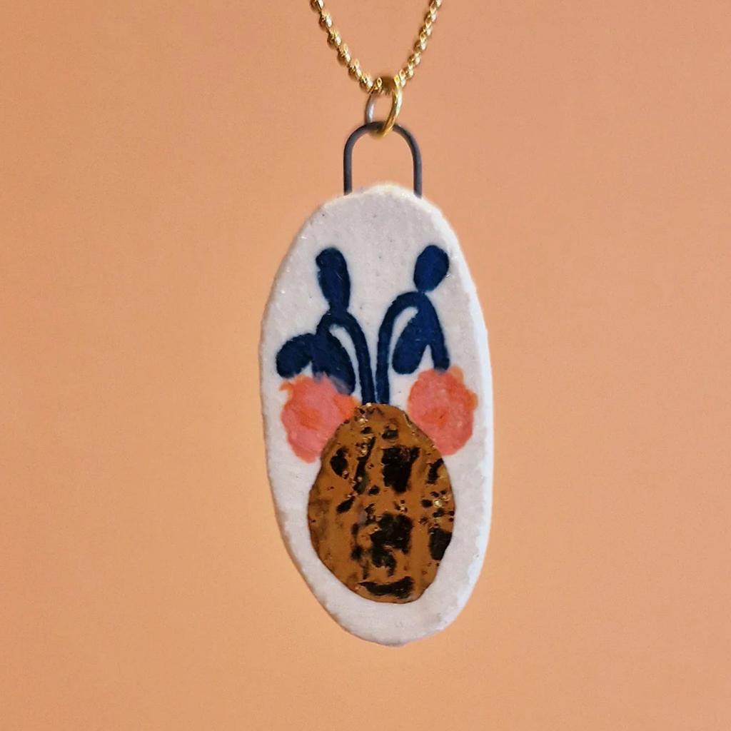 Hand-Painted Printed Necklace, Dripping Oil Flower Gold Pattern Pendant, Artistic Style, Niche Women'S Tide Neck Chain.
