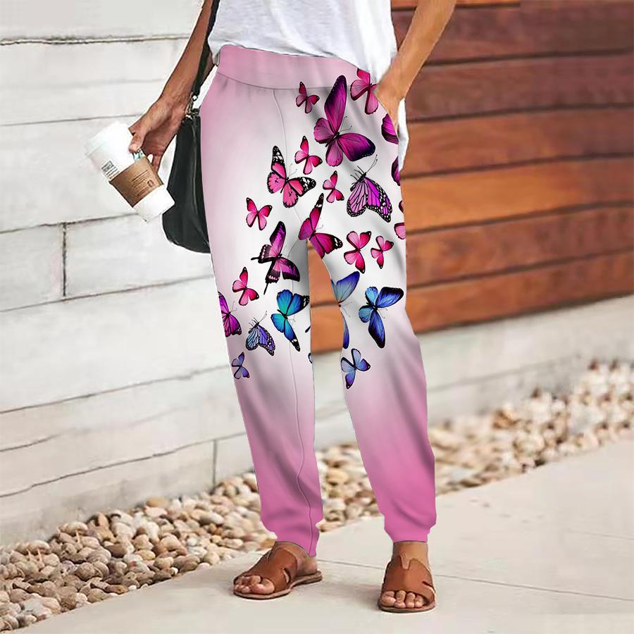 

Женские брюки с принтом бабочек, на шнуровке, с эластичной талией, свободные, повседневные длинные брюки, брюки с карманами 5XL