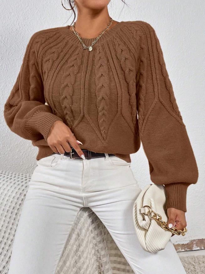 Women's Round Neck Cable Knit Sweater - Long Sleeve, Solid Color, Autumn Winter Versatile Pullover.