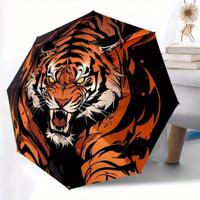 1 ud. Llama de Tigre Apertura/Cierre Automático, Estructura de Hierro de Alta Resistencia y 8 Varillas, Paraguas Plegable Compacto para Mujeres/Hombres, Viajes para Todas las Estaciones, Halloween a