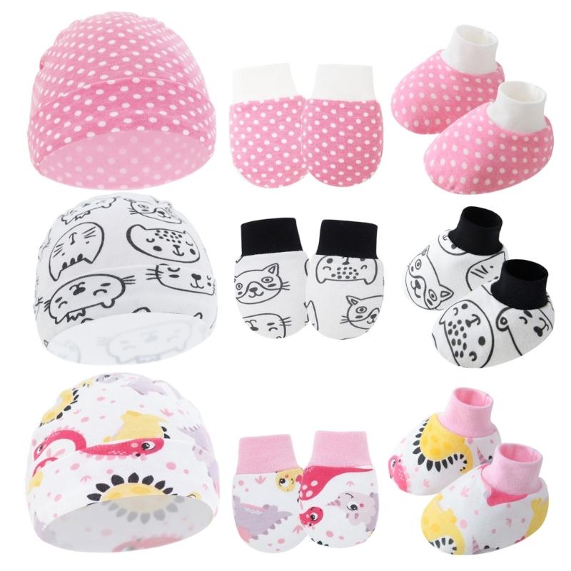 Set da 3 Pezzi Cappellino Guanti Calzini in Cotone per Neonato Anti Graffi Protezione Completa Manopole Copripiedi Accessori per Neonati