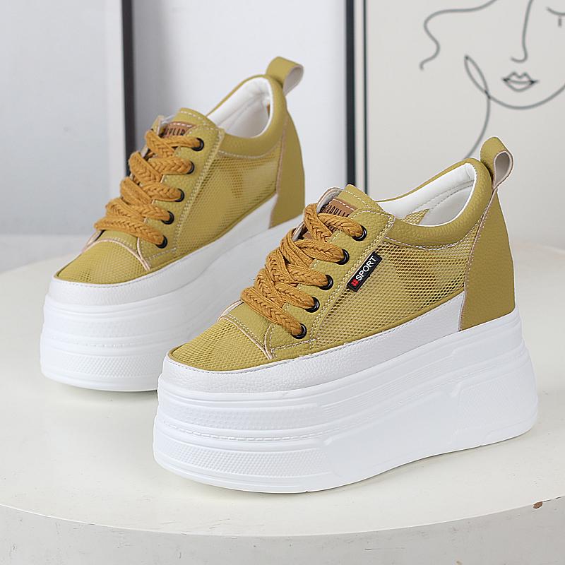 Fashion 12CM Air Mesh Genuine Leather Slides Hidden Heel Summer Ankle Boots Hollow Women Platform Sandals Wedge Breathable Shoes