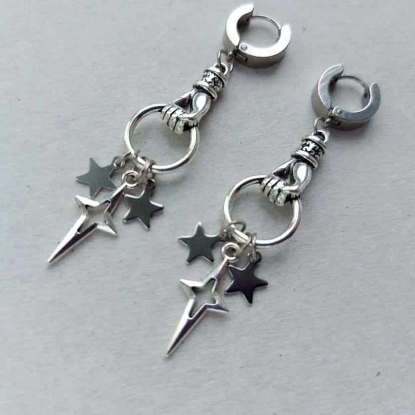 Silver Star Stainless Steel Hoop Earrings: Gothic Y2K Avant-garde Punk Style.