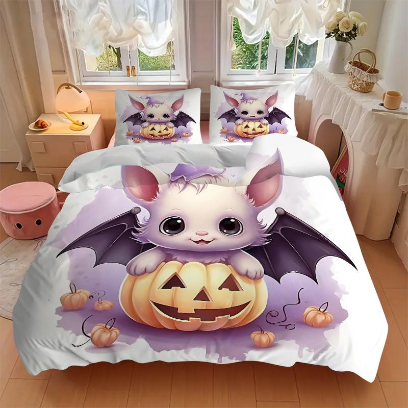 3pcs Wizard Bat & Pumpkin Cute Design Bedding Set - 1 Soft Quilt Cover + 2 Pillowcases, Machine Washable - Suitable for All Seasons, Perfect