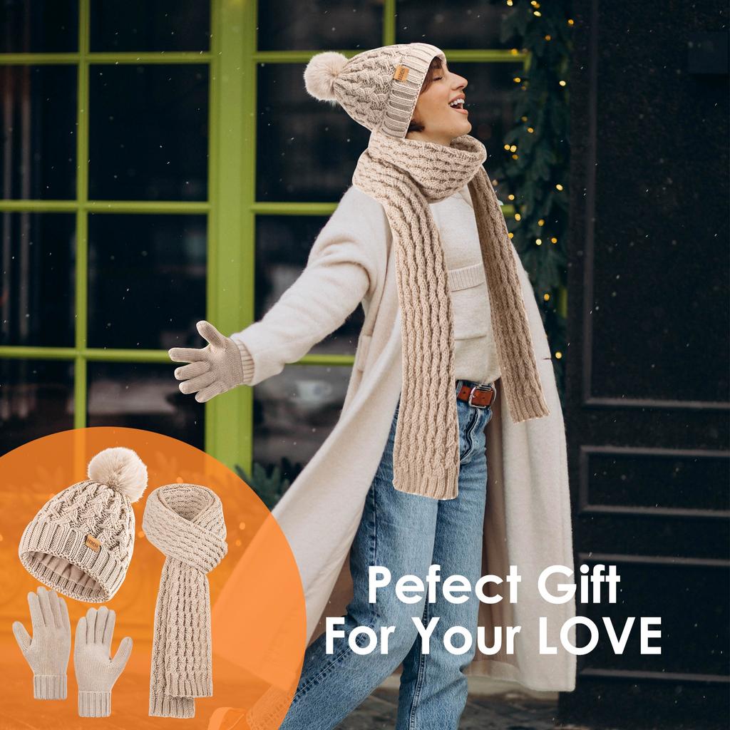 Winter women's knitted wool ball cap, thick long scarf, elastic gloves, three-piece set, casual and warm, suitable for winter