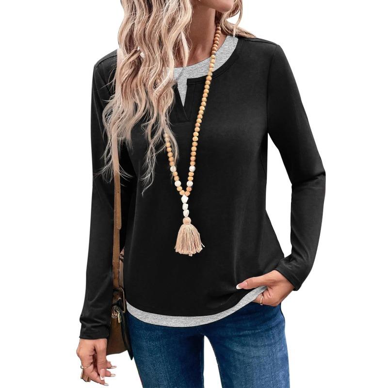 Fall New Style Women s Long-sleeved Fashionable Casual Round-neck Double-layered T-shirts with Patchwork Design S