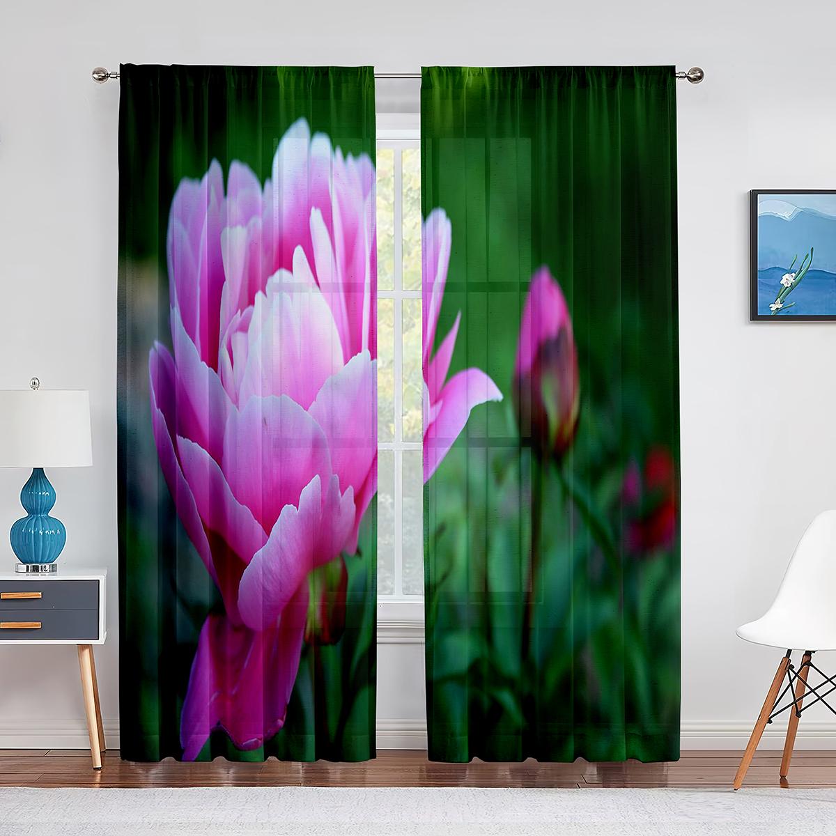 Тюлевые шторы с розовым пионом и зелеными листьями для гостиной — фото 7