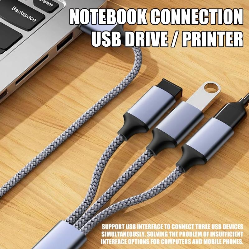 USB 2.0 Extension Cable 1 Male to 3 Female Adapter for Multiple Devices Data Transfer with Metal Housing and 30cm Length
