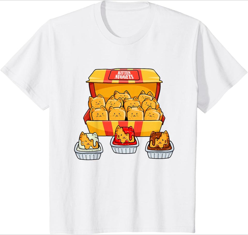 Cartoon Cat Nuggets Black TShirt Cute Food Theme Womens Oversize Casual ShortSleeved Soft Comfortable Basic Crew Neck Top