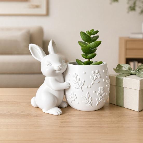 Mini Flowerpot 3D Printed Bunny Hugging Succulents Planter, Cute Rabbit Flower Pot with Embossed Planter Floral Body, Desk Decor for Office