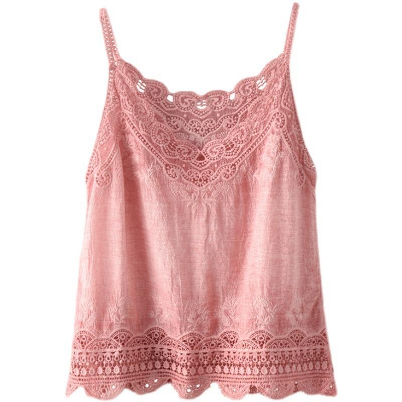 

Women Summer Retro Embroidery Lace V-neck Age Reduction Cotton Camisole Female Sweet Blouse L