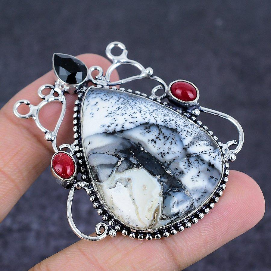 Dendrite Opal, Spinel Handmade 925 Sterling Silver Jewelry Pendant 2.29" s6F10