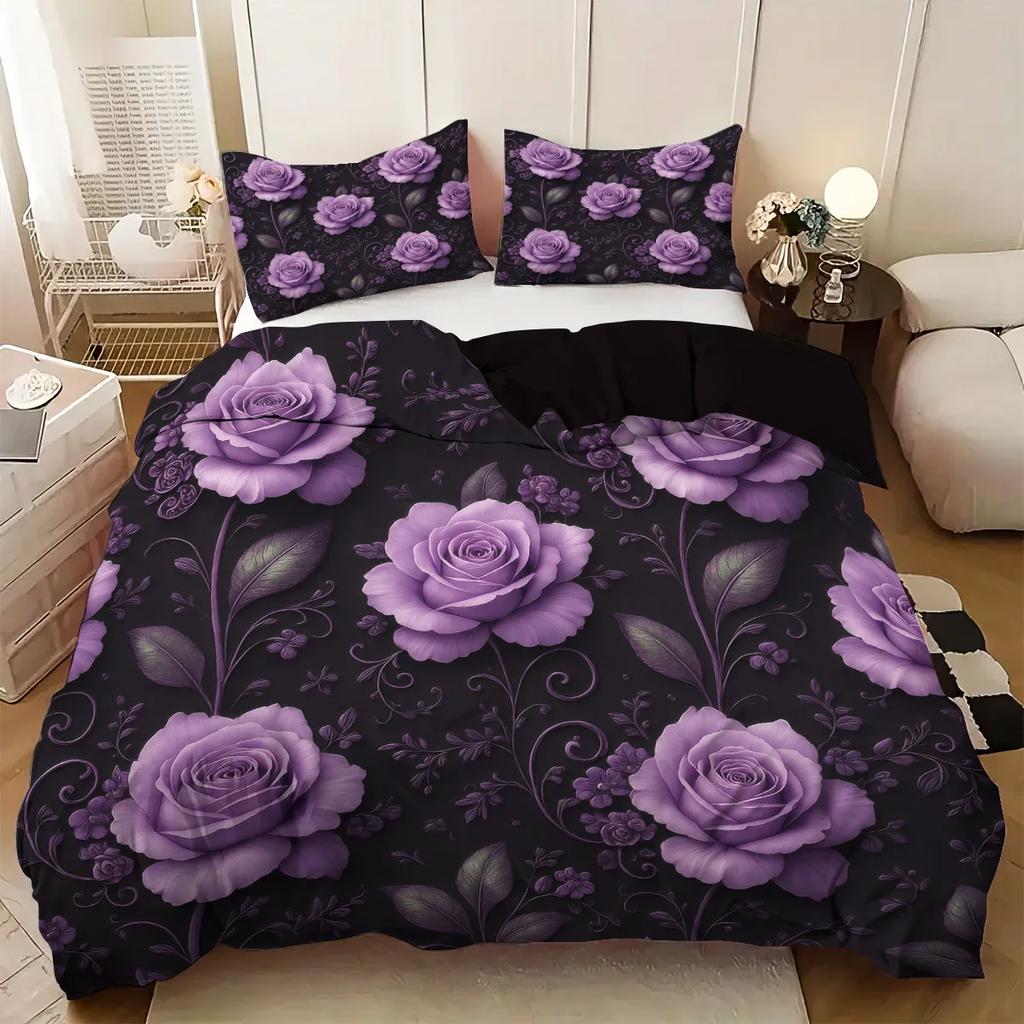 3Pcs Purple Rose Heart Patterned Duvet Cover Set 1 Duvet Cover+2 Pillowcases Coreless. Soft And Comfortable Bedding Set