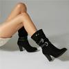 FOREADA Women Ankle Boots Round Toe Chunky High Heels Buckle Pleated Short Boots Ladies Fashion Shoes Winter Black 46
