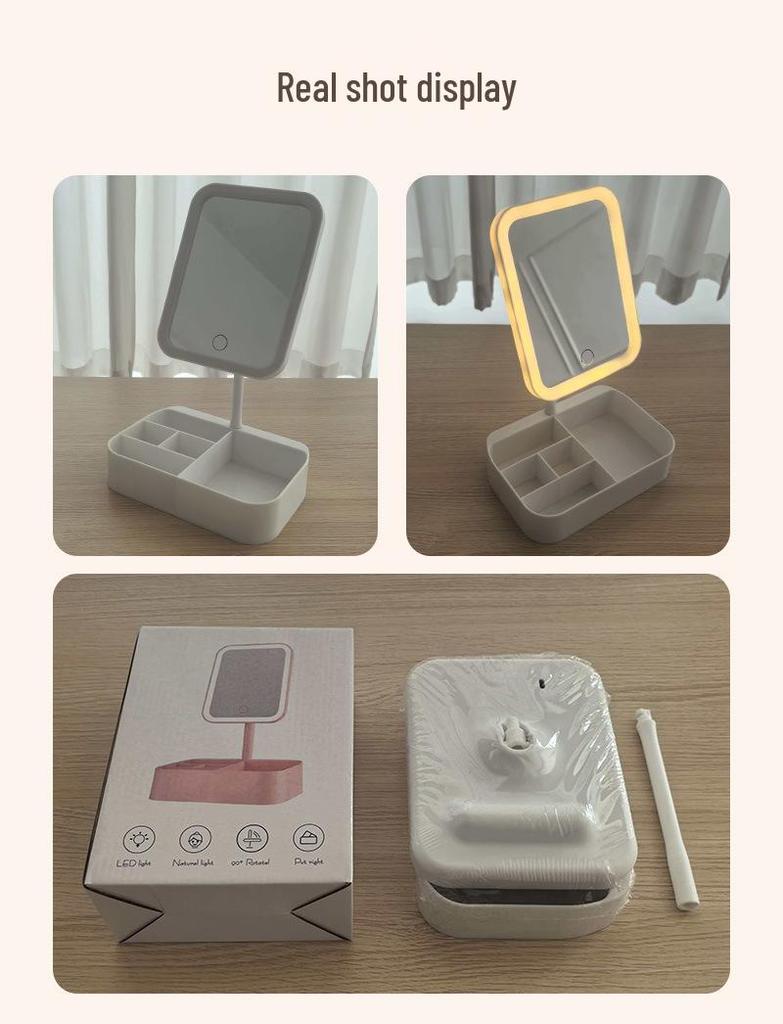 Touch Control LED Makeup Mirror with Three-Color Fill Light and Storage Box