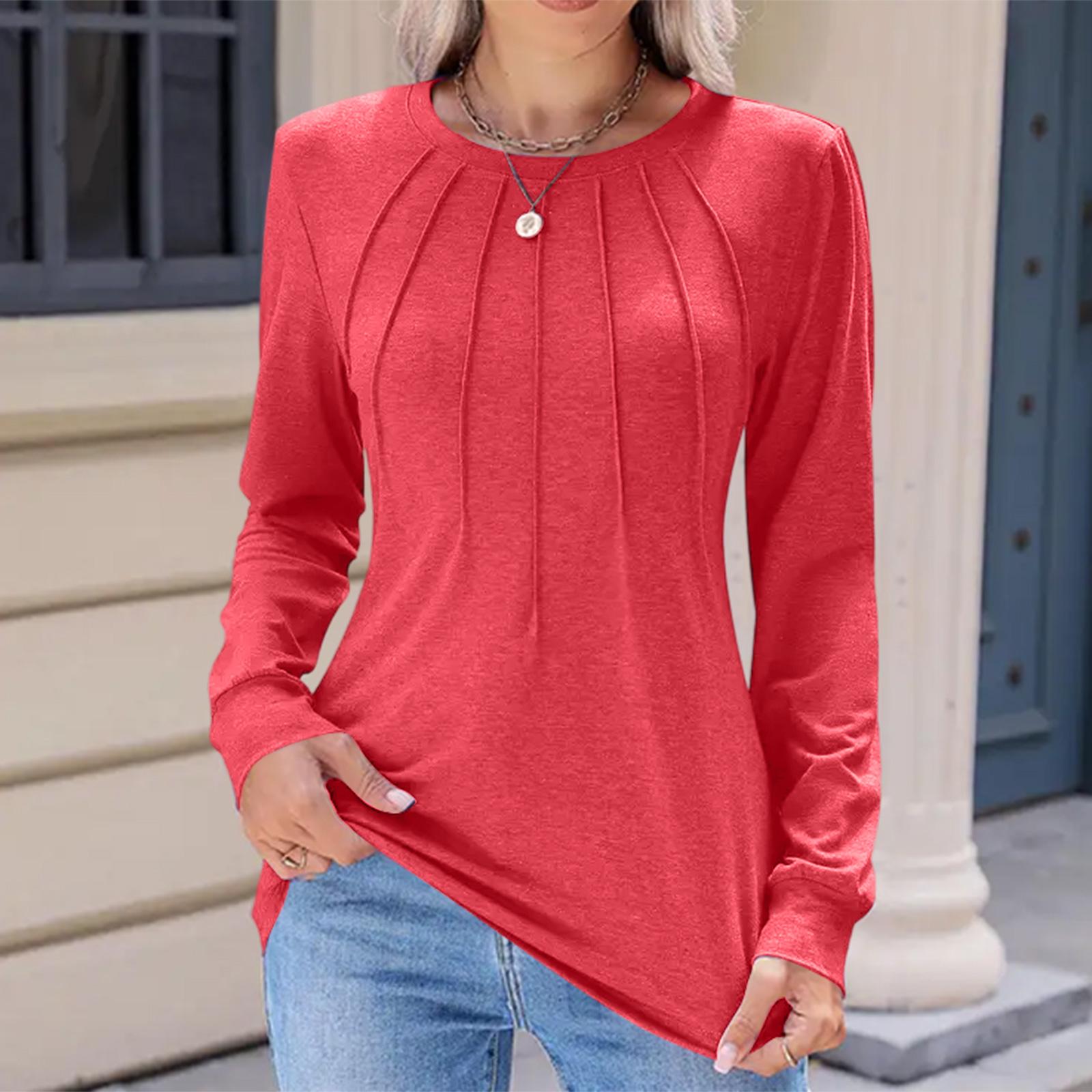 

Женская мода Повседневная однотонная плиссированная удобная футболка с круглым вырезом и длинным рукавом S красный