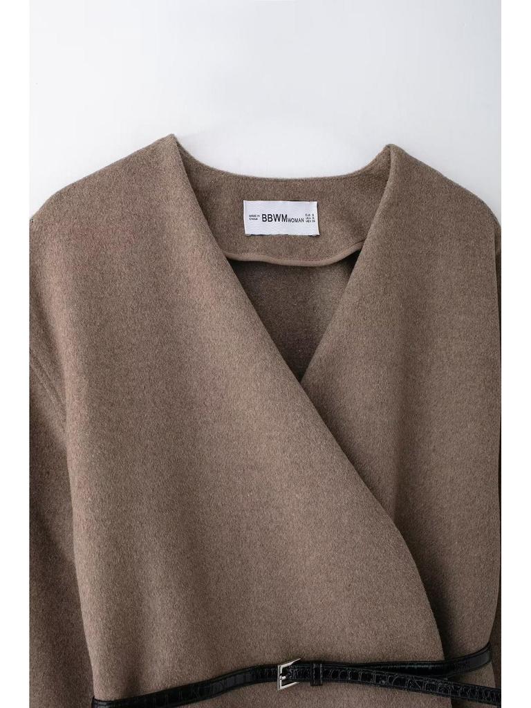 2024 Autumn Women’s European-American V-Neck Long Sleeve Jacket with Belt