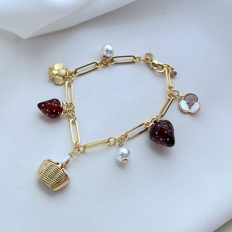

Niche Mori-Style Floral Strawberry Pearl Bee Metal Bracelet