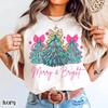 Christmas Unisex Gildan Shirt Merry & Bright Xmas Tree Tee Pink Holiday Festive Unisex T-Shirt