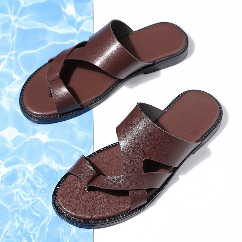 Men Black Leather Slippers Simple Flats Flip Flop Summer Brown Outdoor Roman Sandals Outdoor Beach Shoes for Father Over Sized