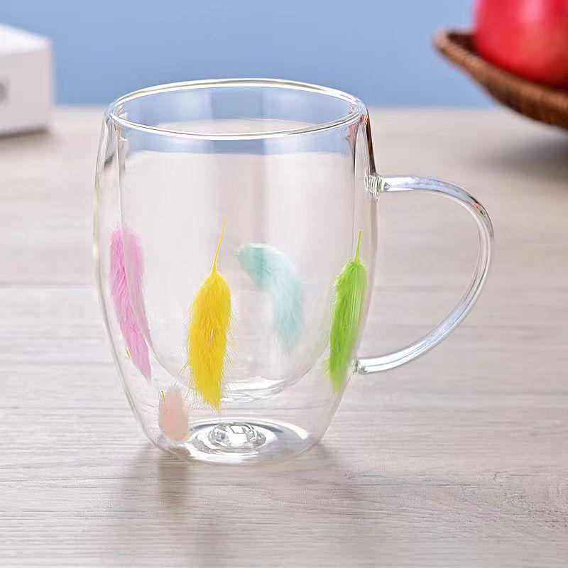 High-value Double-layer Glass Cup with Real Dried Flowers - Heat-resistant with Handle for Tea, Coffee, or Milk.