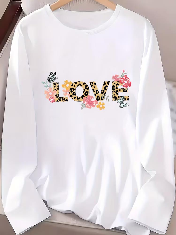 (Asian Size) Graphic Tee Casual Clothing Women O-neck Trend Flower Printed Print T Shirt Autumn Winter Spring Fashion Top Long Sleeve T-shirts