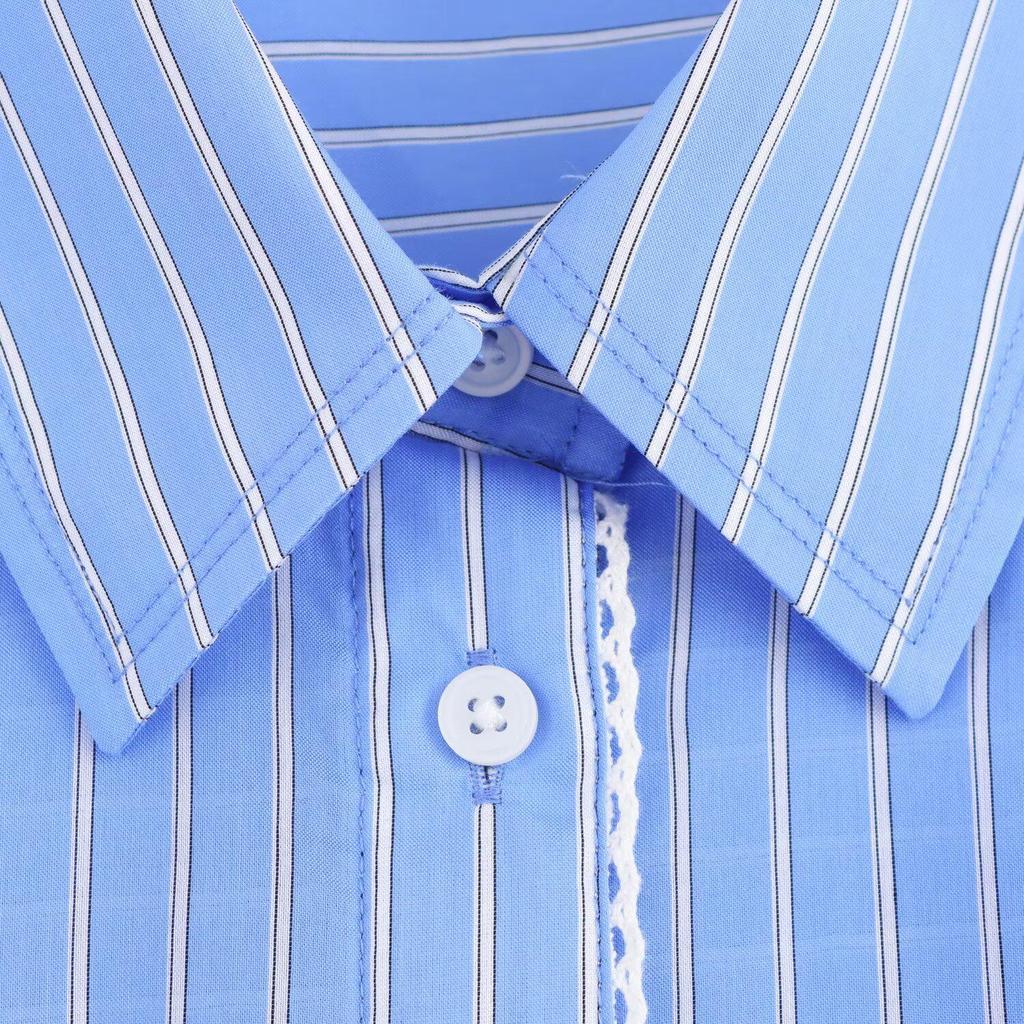 2025 Spring Women's Casual Lace Patchwork Striped Shirt