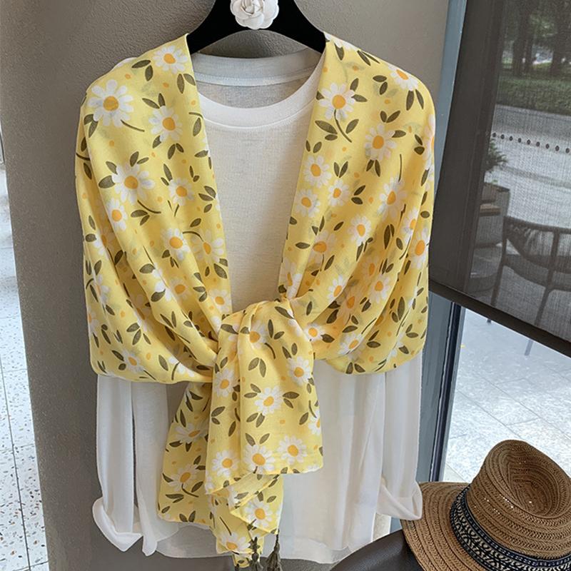 

Elegant Women Silk Scarf Wrap Shawl Sweet Yellow Floral Print Sunscreen Bandanas Hijab Mujer Scarve Pareo Headscarf Boho Travel One Size& 8Y