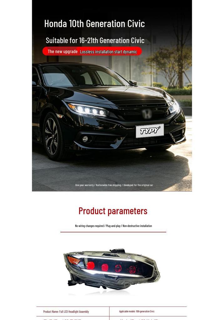 Compatible LED Projector Headlights with DRL and Flowing Turn Signals for 2016–2021 10th Gen Civic.