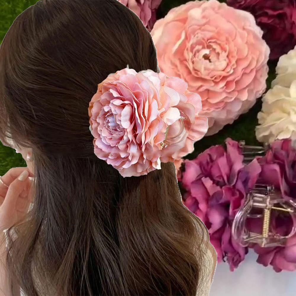 French Elegant Peony Flower Hair Claw Beautiful Simulation Flowers Hair Claw Clip Chic Summer Beach Headpiece for Women Girls
