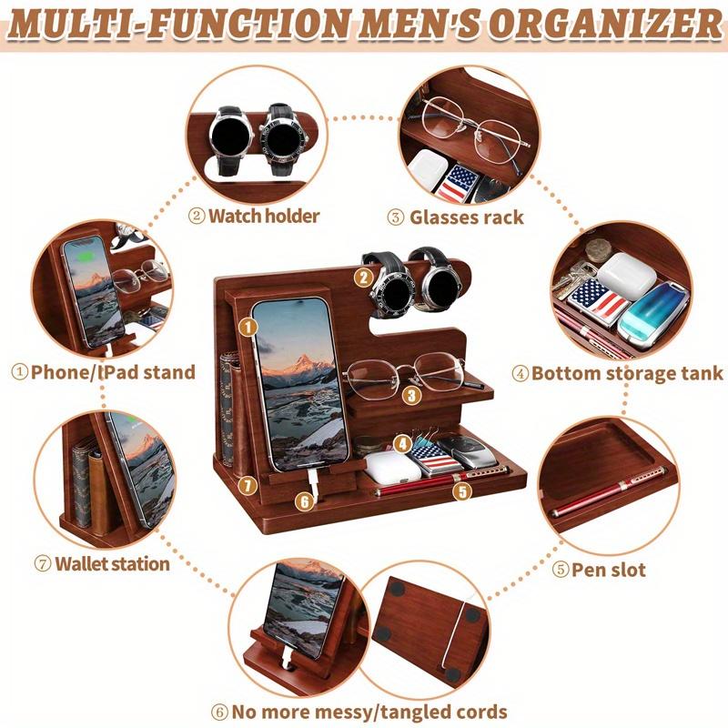 27.8*19.6*6.1cm1Stk Nachttisch Telefonständer aus Holz, Schlüssel&Uhr&Brille &Geldbörse Multifunktionale Aufbewahrungsstation Halter Ständer, Geburtstagsgeschenk für Männer.