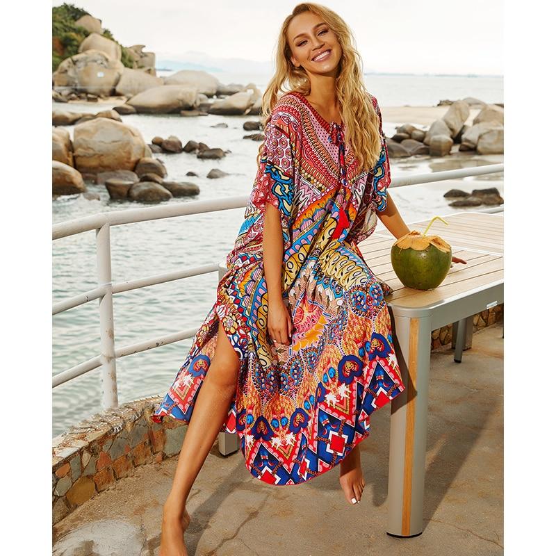 Vestido Bohemio Estampado Holgado Verano Playa Caftán Marroquí Mujer Talla Grande Ropa de Playa Vestido Midi con Borlas