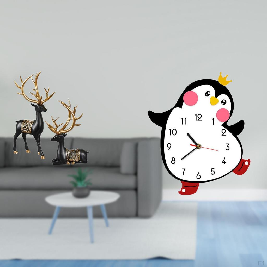 Reindeer Elk Resin Statue And Cartoon Penguin Wooden Wall Clock Collection for Tabletop Bedroom Home