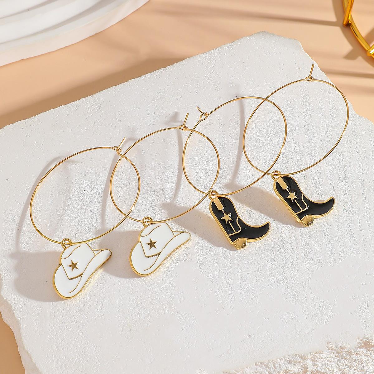 Europe United States Retro Western Cow Head Earrings Trendy Fashion Color Boots Cowboy Hat Gold Drop Oil Pendant Jewelry