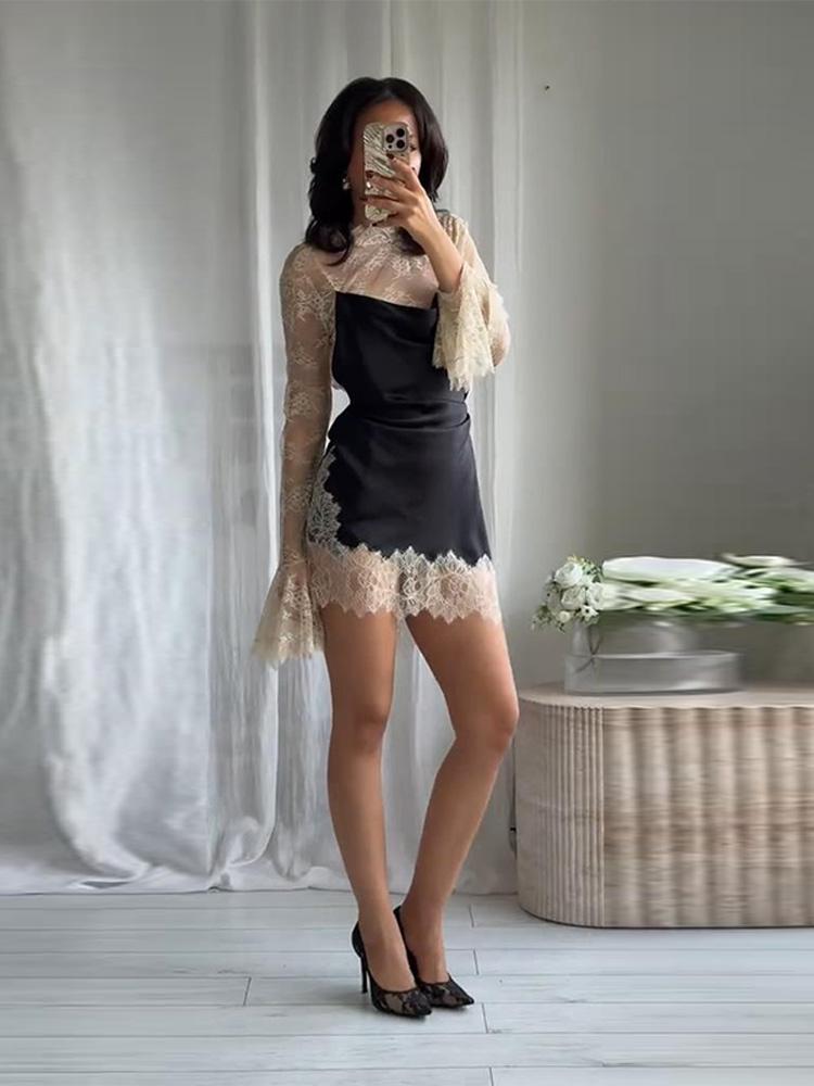 Women's Lace Patchwork Short Dress Ladies' Fashionable Floral Bud Cuff Dress Black 2025 New Collection