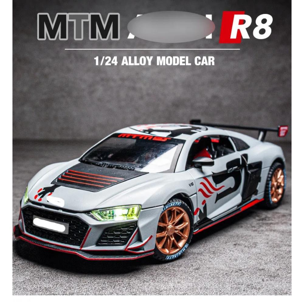 Model auta R8 z hliníkové slitiny v měřítku 1/24, vysoce simulační odlitky, hračka se zvukem a světlem, natahovací vozidla, dekorační hračka pro děti, dárek
