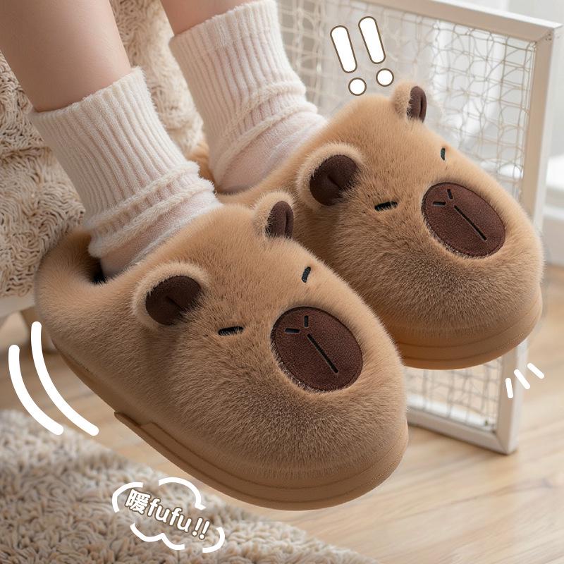 Damskie Kapibara Pluszowe Bawełniane Kapcie na Grubej Podeszwie - Antypoślizgowe, Ciepłe, z Zakrytymi Palcami Obuwie Zimowe do Wewnątrz/Na Zewnątrz