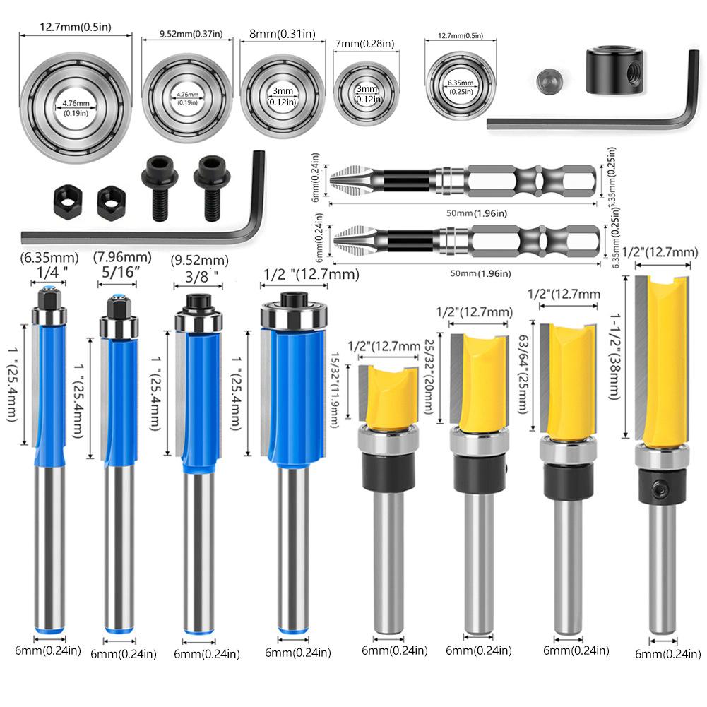 

23-Piece Set 1/4 Handle 6 Handle Bearing Trimming Knife Set Slotted Milling Cutter Batch Head Trimming Milling Cutter Trimming Machine Milling Cutter 23-piece woodworking milling cutter 6 handle