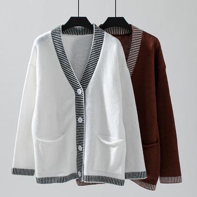 Women's Autumn and Winter Knitwear European and American Stripes Contrasting V-neck Single-breasted Cardigan Sweater