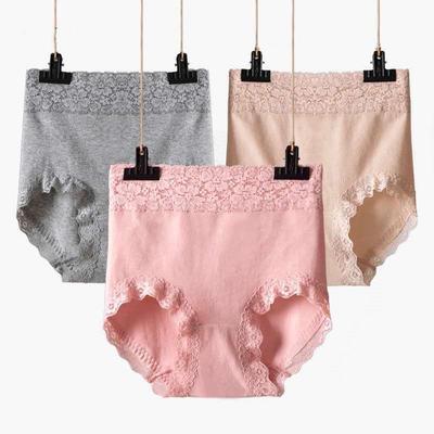 Women's Plus Size High-Waist Breathable Cotton Lace-Trim Tummy Control Panties