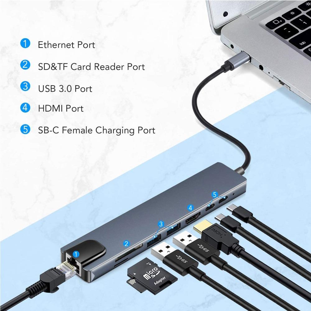 8-in-1 USB-C-Hub Typ-C auf HDMI 4K 30Hz USB 3.0 PD-Laden Kartenleser Multi-Port-Adapter für Laptop MacBook