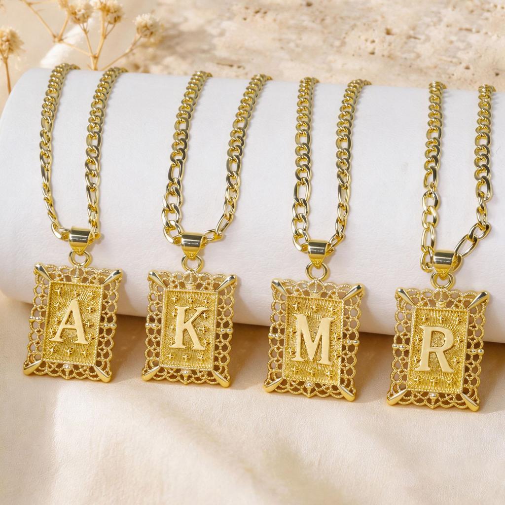 Vintage Square Hollow 26 Letter Pendant Necklace,Gold Plated Figaro Chain Personalized Jewelry for Men Women