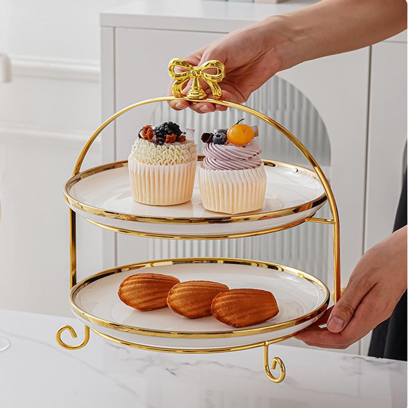 Golden Edged Double-layer Ceramic Tray, Cake Rack, Snack, Fruit Tray, Afternoon Tea Dessert Display Stand, Metal Bow Bracket